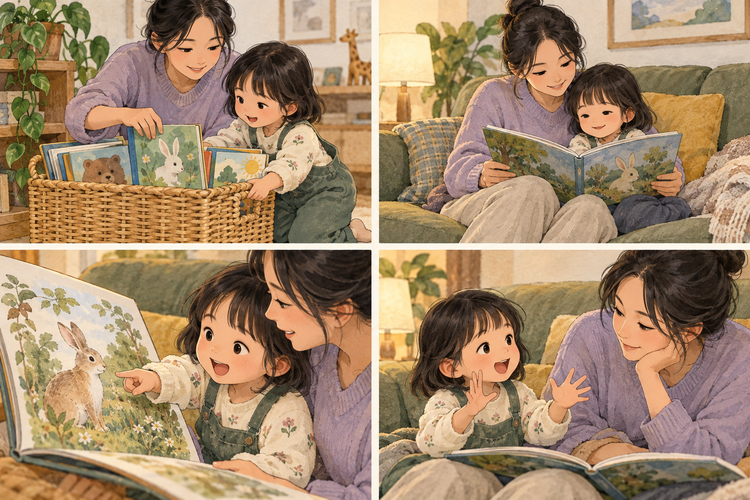 그림책을 함께 읽고 이야기를 나누는 네 장면 · AI 생성 이미지(가상 장면)