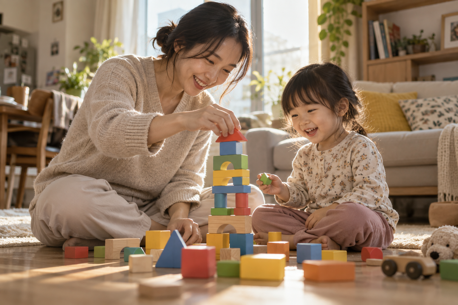 거실 바닥에서 함께 블록을 쌓는 부모와 아이 · AI 생성 이미지(가상 장면)