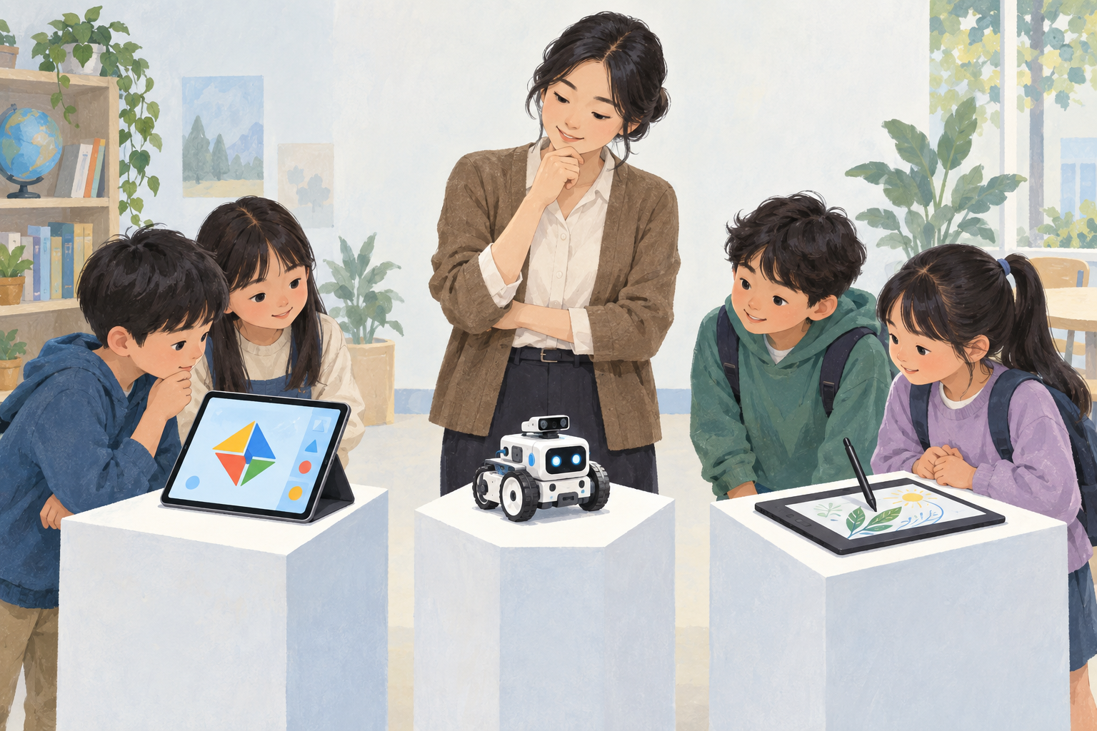 세 가지 학습기기를 비교해 보는 교사 · AI 생성 이미지(가상 장면)