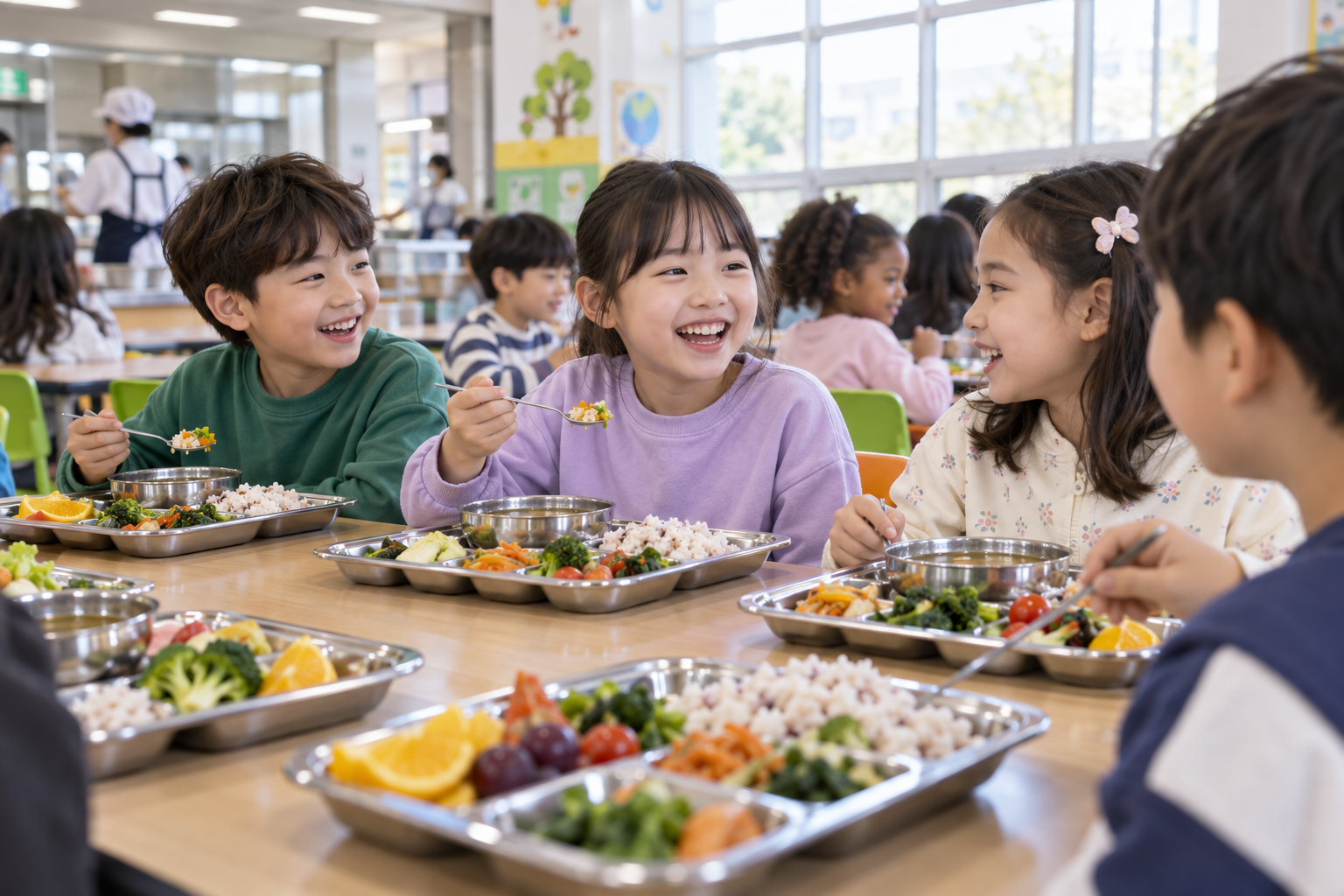 학교 급식실에서 다양한 식재료로 구성된 점심을 먹는 아이들 · AI 생성 이미지(가상 장면)
