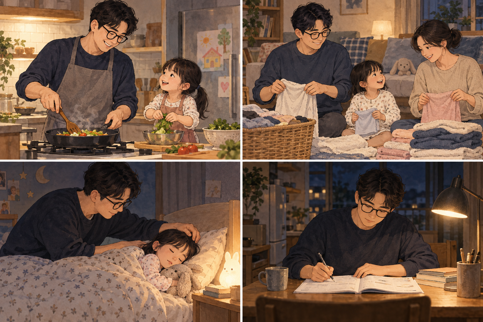 가사와 돌봄 사이에서 저녁 학습시간을 마련하는 성인 · AI 생성 이미지(가상 장면)