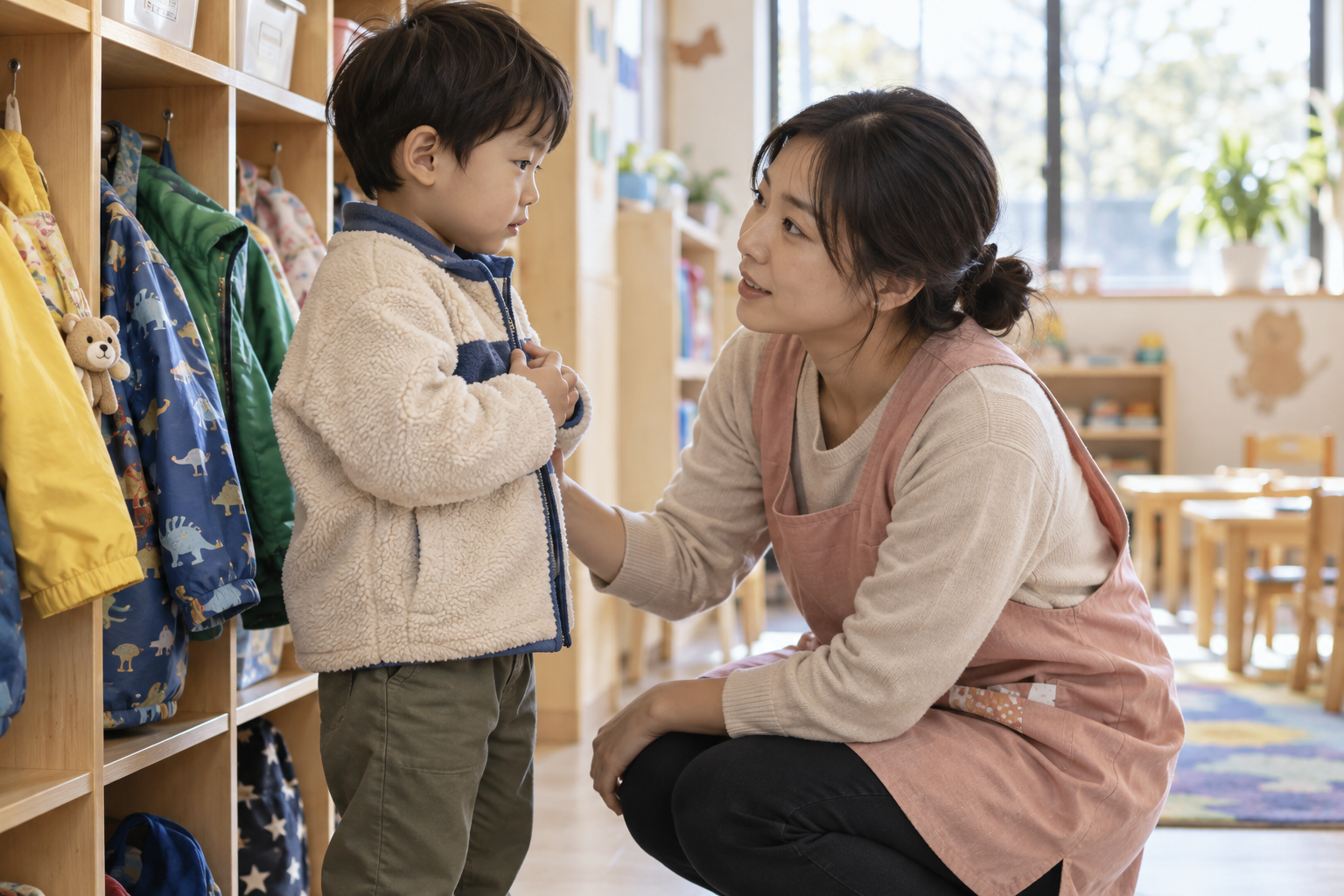 어린이집에서 아이의 눈높이에 맞춰 대화하는 보육교사 · AI 생성 이미지(가상 장면)