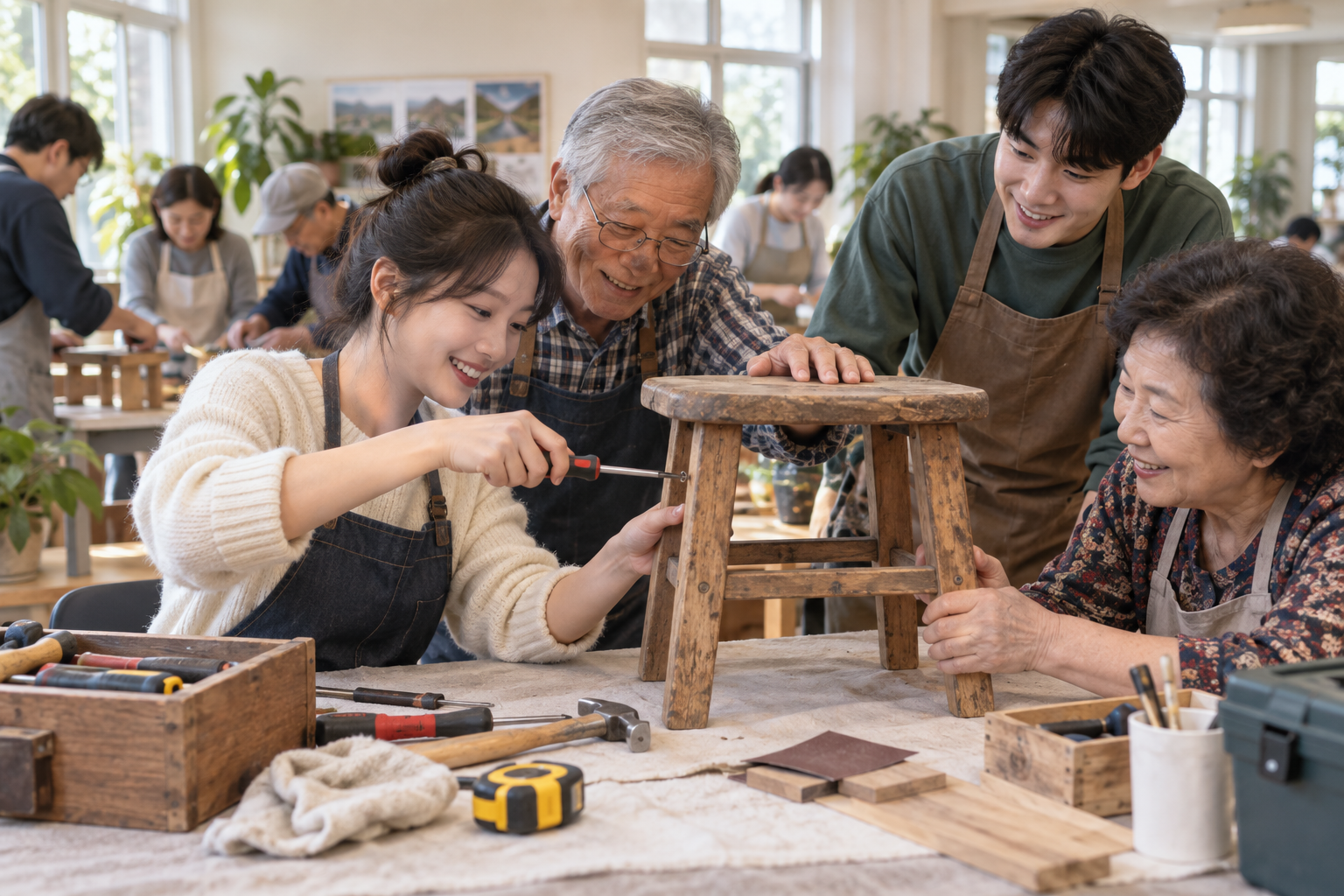서로 다른 세대의 주민들이 함께 목공 수리를 배우는 모습 · AI 생성 이미지(가상 장면)