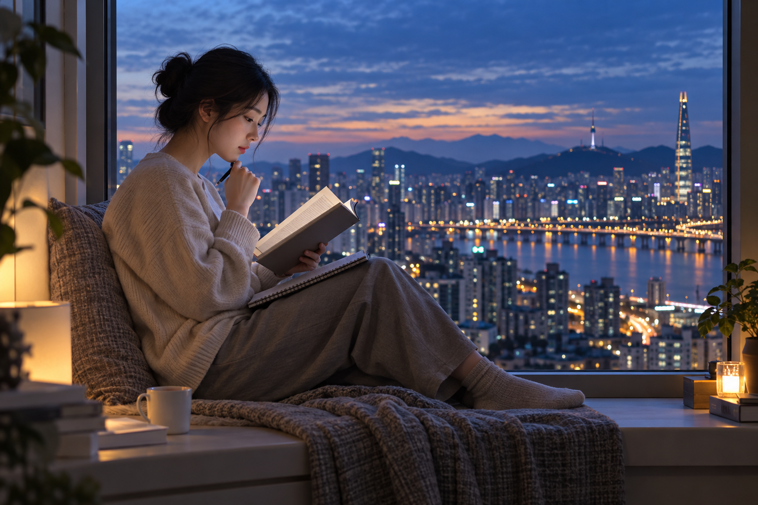 도시의 저녁 풍경이 보이는 창가에서 독학하는 성인 · AI 생성 이미지(가상 장면)
