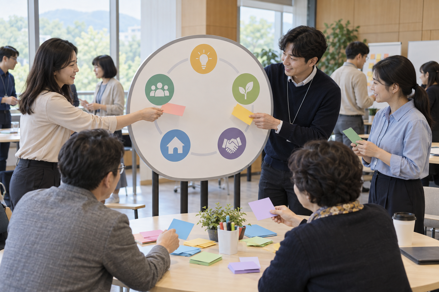 직무교육에서 토론하는 가상의 지방행정 직원들 · AI 생성 이미지(가상 장면)